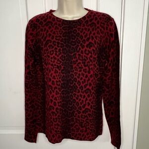 Neiman Marcus 100% Cashmere Pullover Sweater Top Deep Red Animal Print Size L